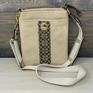 Coach 10796 Light Khaki Cream Leather Trim Slim Crossbody Logo Purse